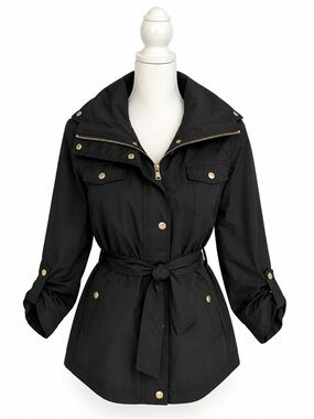 Ellen Tracy Black Belted Anorak Jacket with Gold Hardware